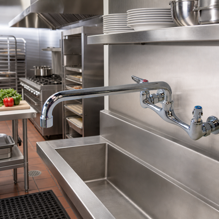 Product image #2 for Omcan Splash-Mounted Commercial Faucet with 8-Inch Centers and 14-Inch Swivel Spout