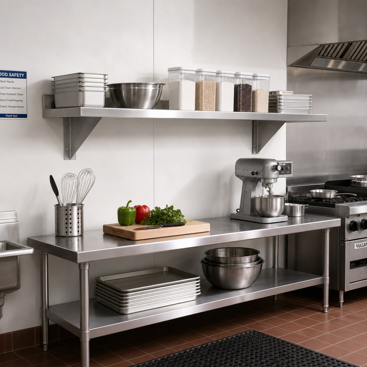 Product image #2 for Advance Tabco 144"W x 15"D Wall-Mounted 304 Stainless Steel Shelf, 16 Gauge, Satin Finish
