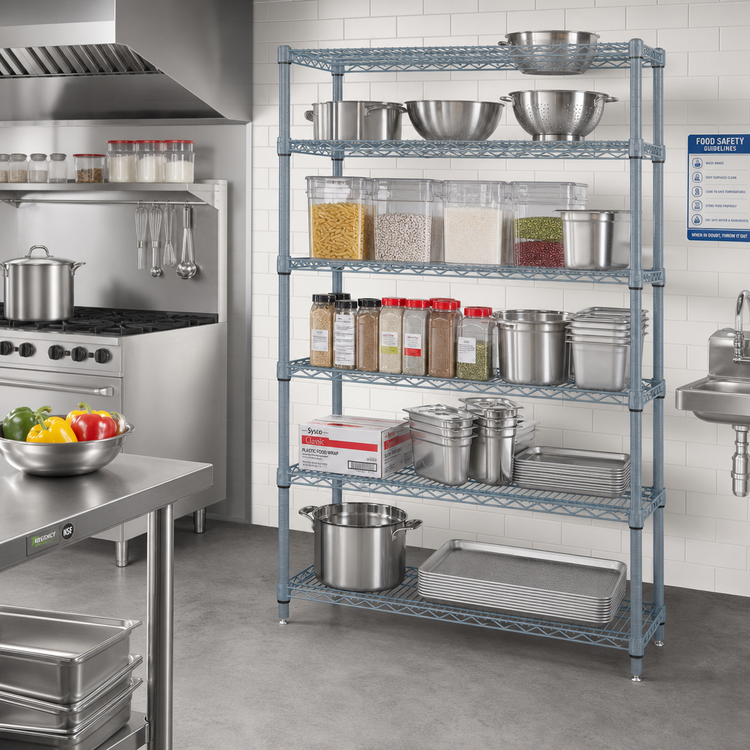 Product image #2 for Quantum 5-Shelf Stationary Wire Shelving Starter Kit, 60W x 30D x 86H, Gray Epoxy Antimicrobial Finish