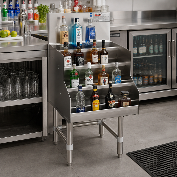 Product image #2 for Eagle Group Spec-Bar 18-Inch Wide Double Speed Rail Underbar Liquor Bottle Display, 4-Step