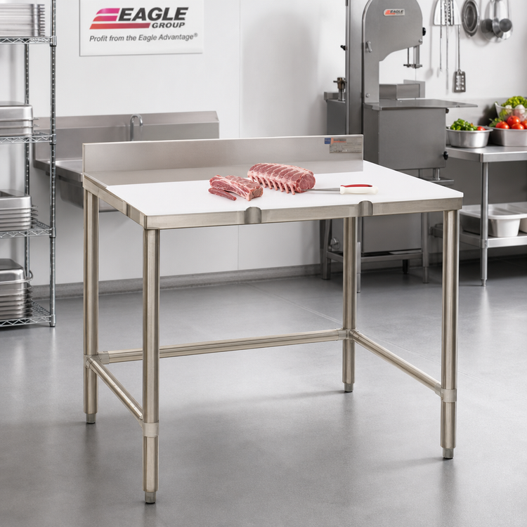 Product image #2 for Eagle Group 48 Inch x 30 Inch Poly Top Trimming Table with 4 Inch Removable Stainless Steel Backsplash and Open Base