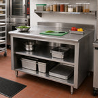 Thumbnail image #2 for Advance Tabco EK-SS-3010M 120" x 30" Stainless Steel Work Table, Open Front Cabinet Base with Mid-Shelf, 14-Gauge 304 Top, 5" Backsplash