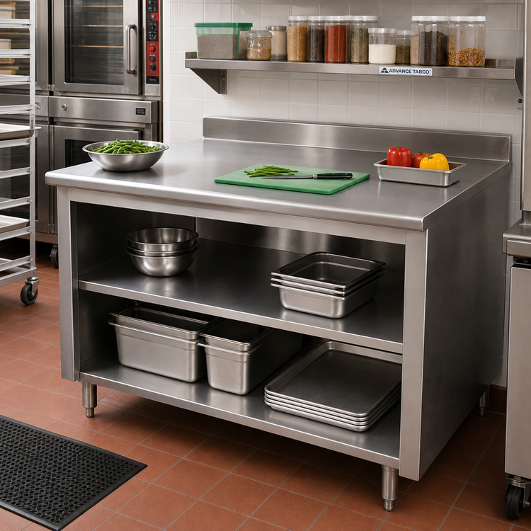 Product image #2 for Advance Tabco 120" x 30" Stainless Steel Work Table with Open Front Cabinet Base, Mid-Shelf, and 5" Backsplash