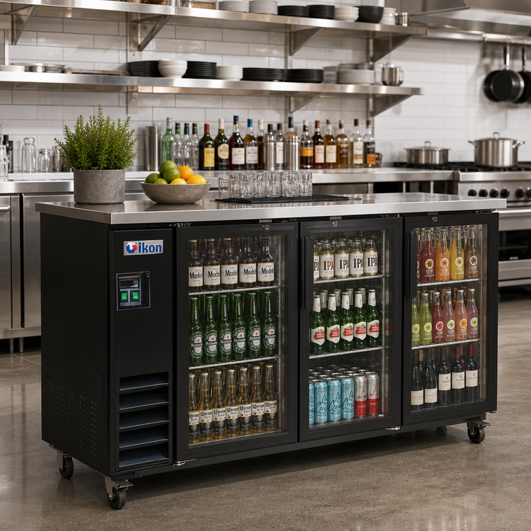 Product image #2 for IKON Refrigeration 73-Inch Three-Section Back Bar Cooler with Glass Swing Doors