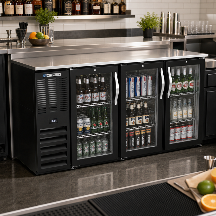 Product image #2 for Beverage-Air BB72HC-G-B 72-Inch Three-Section Glass Door Back Bar Refrigerator with Stainless Steel Top