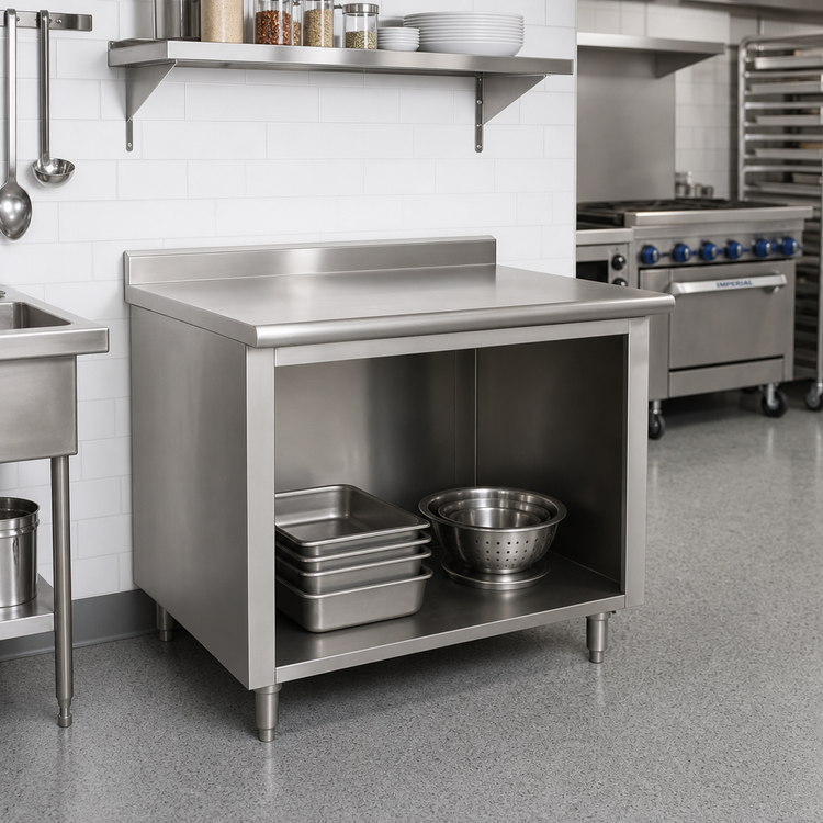 Product image #2 for Advance Tabco Special Value 48 Inch x 30 Inch 16 Gauge 304 Stainless Steel Economy Open Base Work Table with 5 Inch Backsplash
