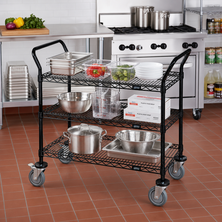 Product image #2 for Quantum 60 Inch x 18 Inch 3-Shelf Wire Utility Bus Cart, Black Epoxy, 1200 lb Capacity