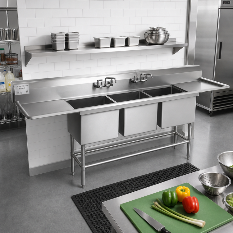 Product image #2 for Eagle Group Spec-Master FN Series Coved Corner Three-Compartment Sink with Dual 24-Inch Drainboards, 114-Inch Wide x 27-Inch Deep