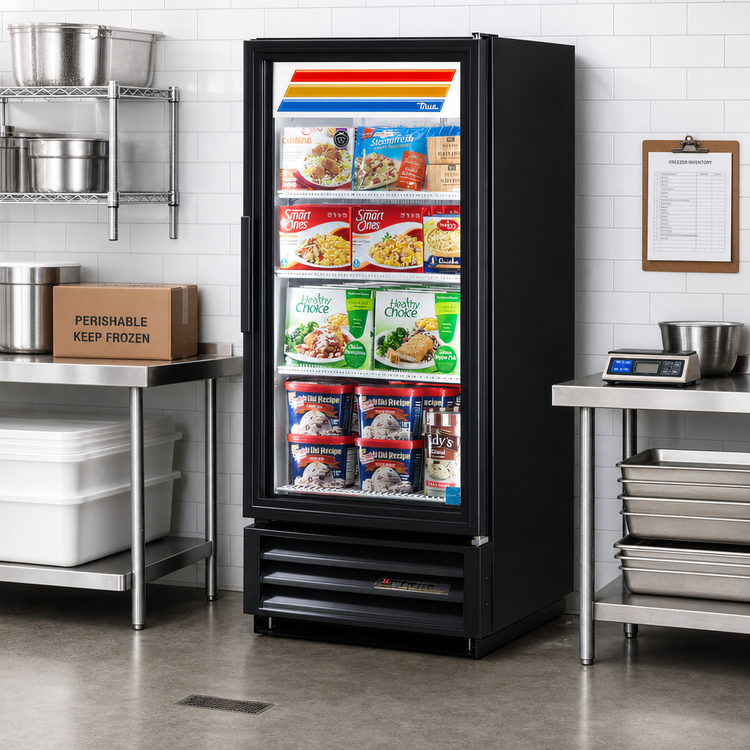 Product image #2 for True One-Section Glass Door Freezer Merchandiser, -10°F, Hinged Door, Bottom-Mount, 3 Shelves