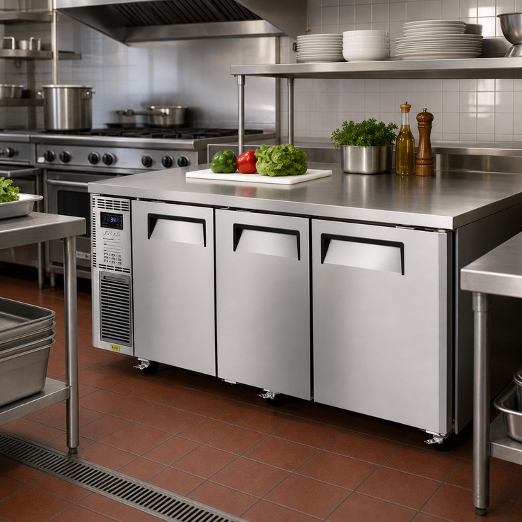 Product image #2 for Turbo Air J Series Three-Section Dual Temp Undercounter Refrigerator/Freezer, Side Mount, Self-Contained, 70-7/8 Inch