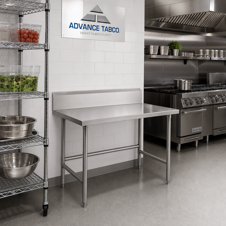 Product image #2 for Advance Tabco 30 Inch W x 24 Inch D Stainless Steel Work Table with 10 Inch Backsplash and Open Base