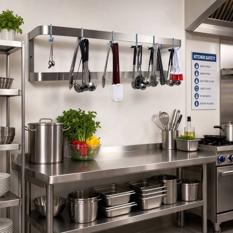 Product image #2 for Advance Tabco SW-84 Wall-Mounted Stainless Steel Double-Bar Pot Rack, 84 Inch, 18 Hooks