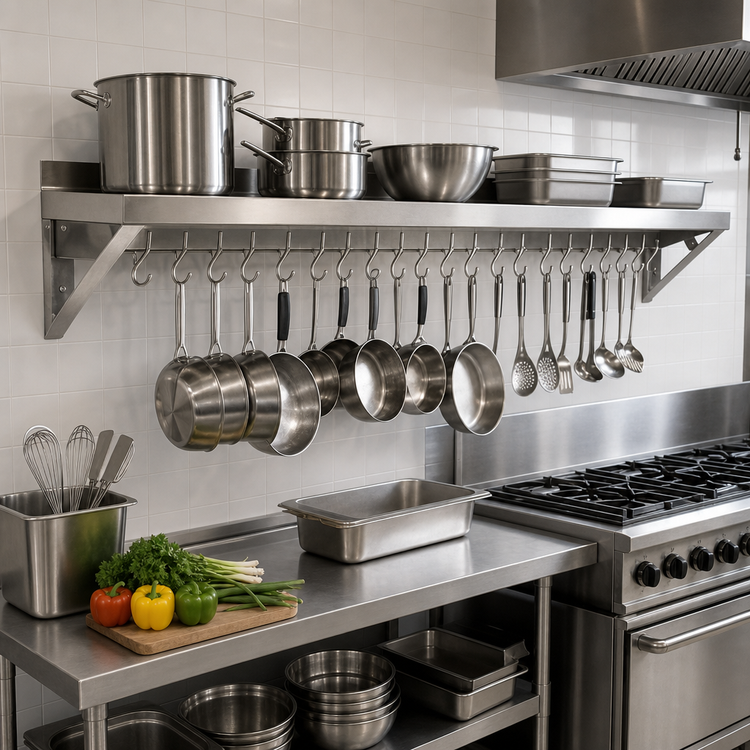Product image #2 for Wall-Mount Stainless Steel Overshelf Pot Rack, 60 x 12 Inches, With 18 Hooks