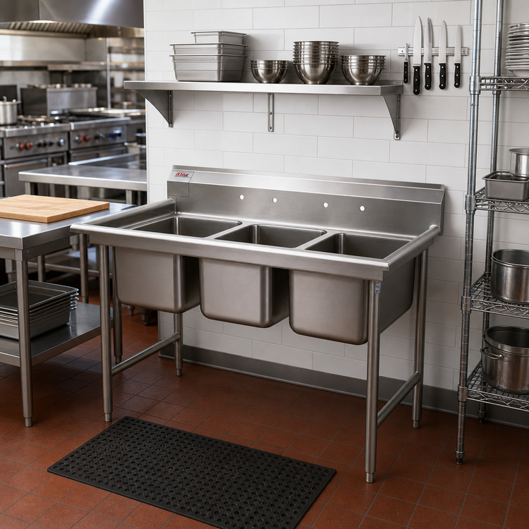 Product image #2 for Eagle Group 414 Series Coved Corner Three-Compartment Sink with 24" x 24" Bowls, No Drainboards