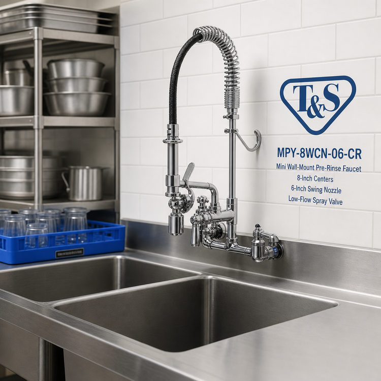 Product image #2 for T&S Brass MPY-8WCN-06-CR Mini Wall-Mount Pre-Rinse Faucet — 8-Inch Centers, 6-Inch Swing Nozzle, Low-Flow Spray Valve