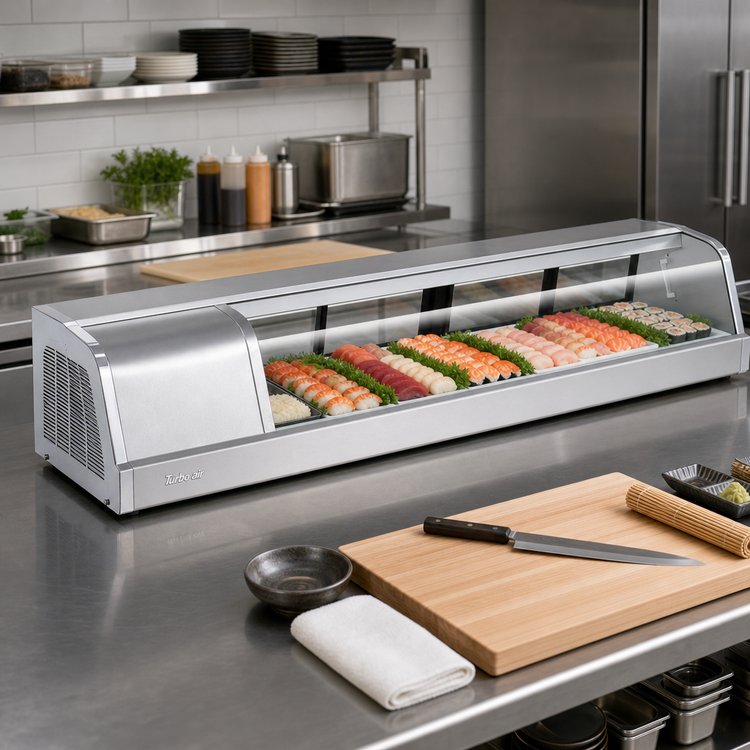 Product image #2 for Turbo Air Self-Contained Refrigerated Sushi Display Case, 59-3/4-Inch Wide, Left Compressor, 4 Sliding Glass Doors