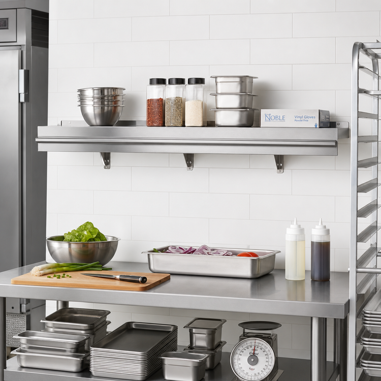 Product image #2 for Eagle Snap-n-Slide 72" x 12" Wall-Mounted Shelf, Rolled Front Edge, 16/430 Stainless Steel