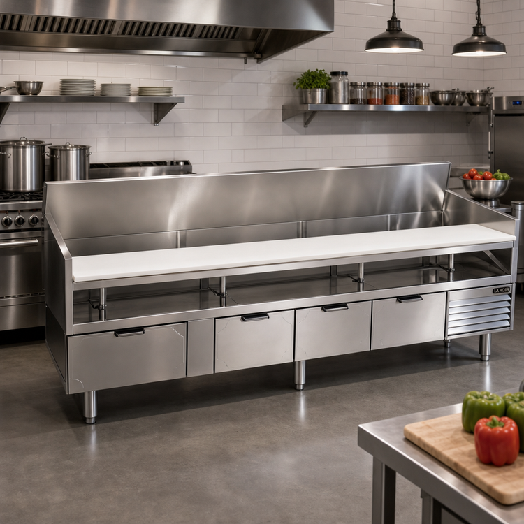 Product image #2 for La Rosa L-74102-30 102" Four-Section Refrigerated Equipment Stand with Drawers