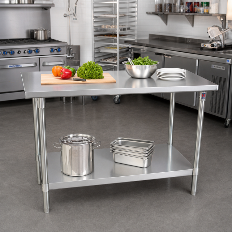 Product image #2 for John Boos Stallion 60-Inch x 30-Inch 14-Gauge 300-Series Stainless Steel Top Work Table with Galvanized Base and Adjustable Undershelf