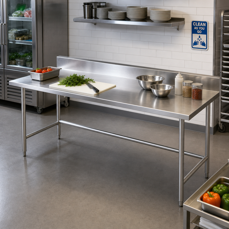 Product image #2 for Advance Tabco 144-Inch x 24-Inch Stainless Steel Work Table with 5-Inch Backsplash and Open Base