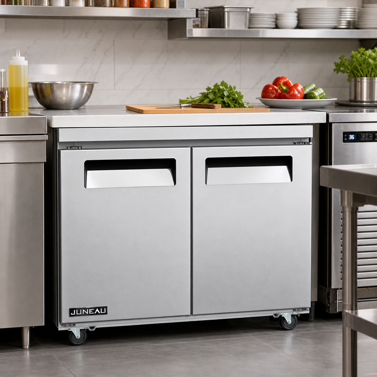 Product image #3 for Juneau 36-Inch Two-Section Undercounter Reach-In Refrigerator, Bottom-Mount, Solid Doors