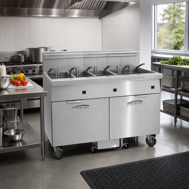 Product image #2 for Imperial 5-Station Electric Floor Fryer with Built-In Space Saver Filter System, 75 lb. Tanks, Tilt-Up Elements