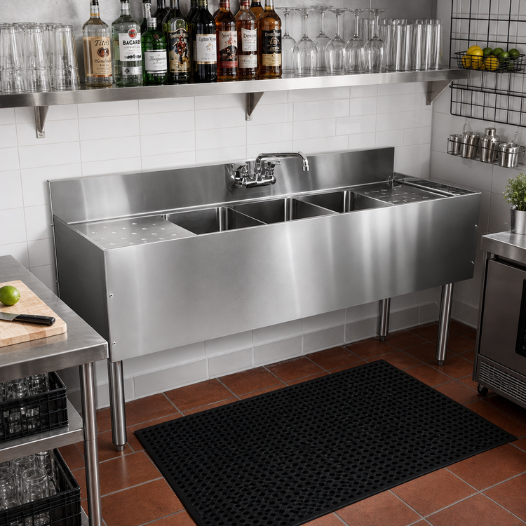 Product image #2 for CHOICE Four-Compartment Underbar Sink Unit with Dual 24-Inch Drainboards, 96-Inch Wide, 19-Inch Deep