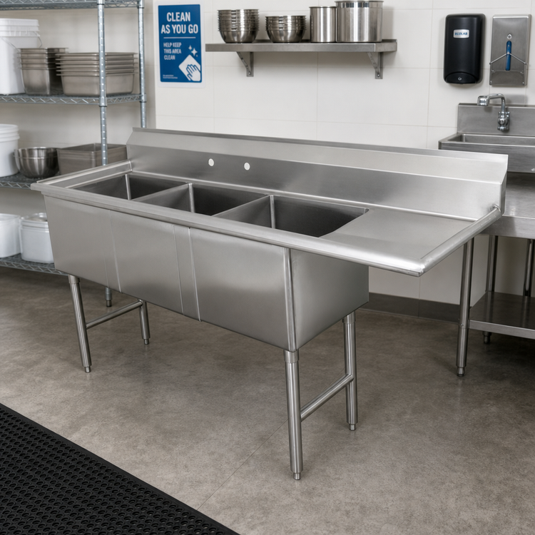 Product image #2 for Advance Tabco Special Value Series Commercial 3-Compartment Fabricated Sink with 15-Inch Right Drainboard, 15 x 15 x 14-Inch Bowls