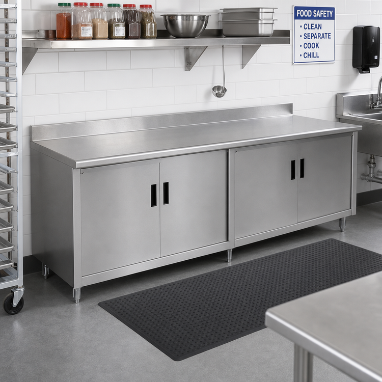 Product image #2 for Advance Tabco Special Value Economy Enclosed Work Table with Cabinet Base, 108 x 24 Inches, 304 Stainless Steel Top, 5-Inch Backsplash