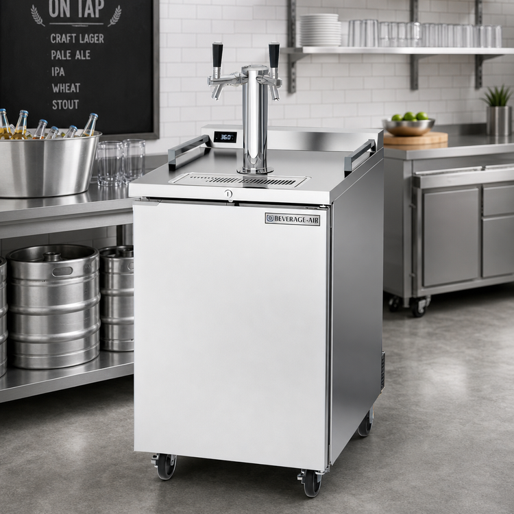 Product image #3 for Beverage Air Dual Zone Wine & Beer Draft Cooler with 2-Tap Tower, 24-Inch Wide, 4-Keg Stainless Steel Flat Top Beer Dispenser