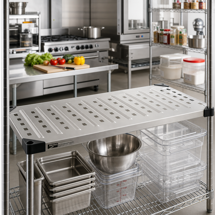Product image #2 for Metro Super Erecta 42 x 21 Inch Louvered Embossed Type 304 Stainless Steel Shelf with Raised Ship's Edge