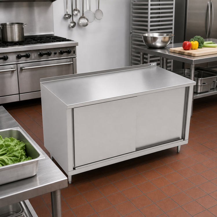 Product image #2 for John Boos 48" x 30" 14-Gauge Stainless Steel Cabinet Base Work Table with Sliding Doors and 1-1/2" Rear Riser