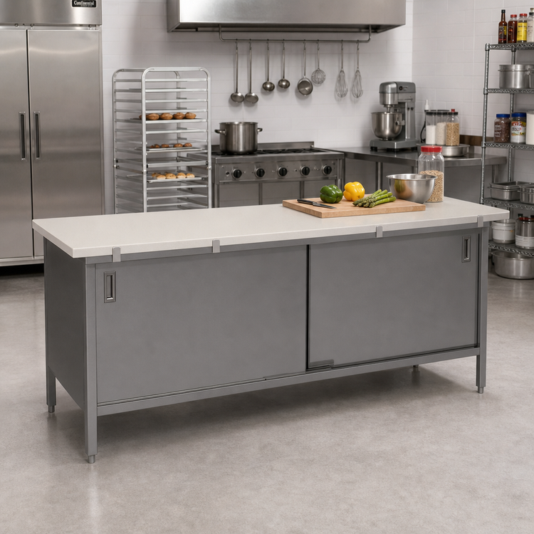 Product image #2 for John Boos 96-Inch x 30-Inch Poly Top Work Table with Enclosed Cabinet Base and Sliding Doors