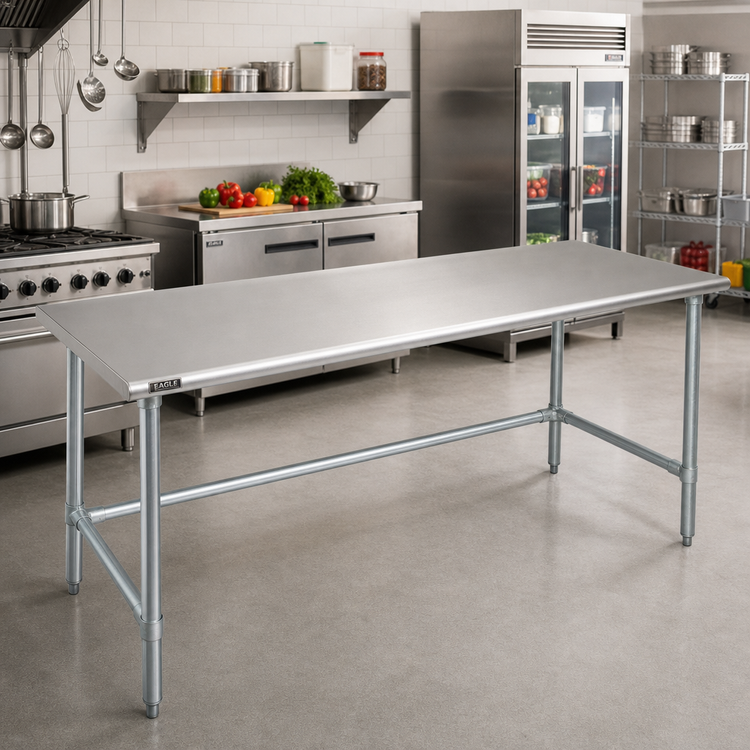 Product image #2 for Eagle Group Budget Series 144-Inch x 36-Inch Flat Top 430 Stainless Steel Work Table with Galvanized Tubular Base