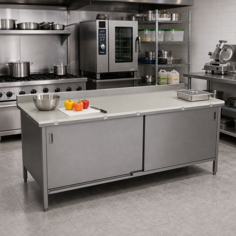 Product image #2 for Stainless Steel Poly Top Work Table with Cabinet Base and Sliding Doors, 108 x 30 Inches