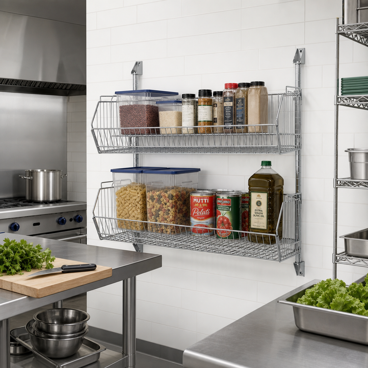 Product image #2 for Quantum 48"W x 20"D x 34"H Cantilever Basket Wall Mount Rack with 2 Wire Baskets