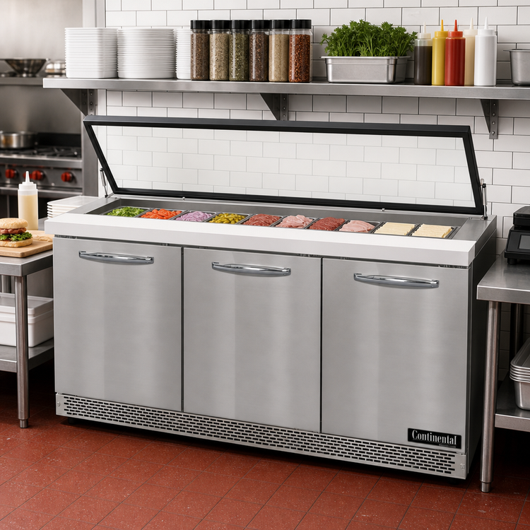 Product image #2 for Continental Refrigerator SW72N30M-HGL-FB Mighty Top 72" Front Breathing 3-Door Sandwich Prep Table with Hinged Glass Lid