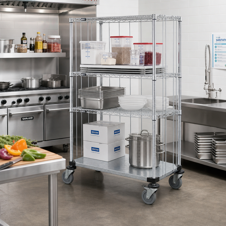 Product image #2 for Quantum Mobile Enclosure Cart with 3 Wire Shelves and 1 Solid Galvanized Shelf, 36 x 18 x 69 Inch, Chrome Plated