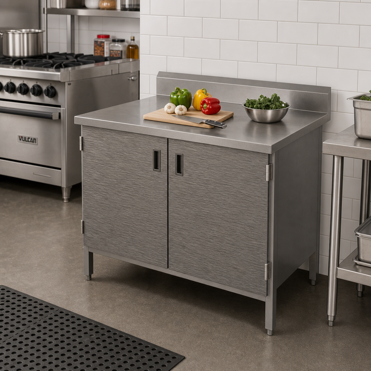 Product image #2 for John Boos Enclosed Base Work Table with Hinged Doors, 36 x 24 Inch, 16 Gauge Stainless Steel Top, 5 Inch Backsplash