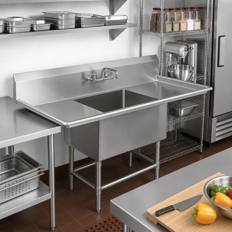 Product image #2 for John Boos Pro-Bowl Floor Model 1-Compartment Sink with Left and Right Drainboards, 69-1/4" W x 29-1/2" D, 16 Gauge Stainless Steel