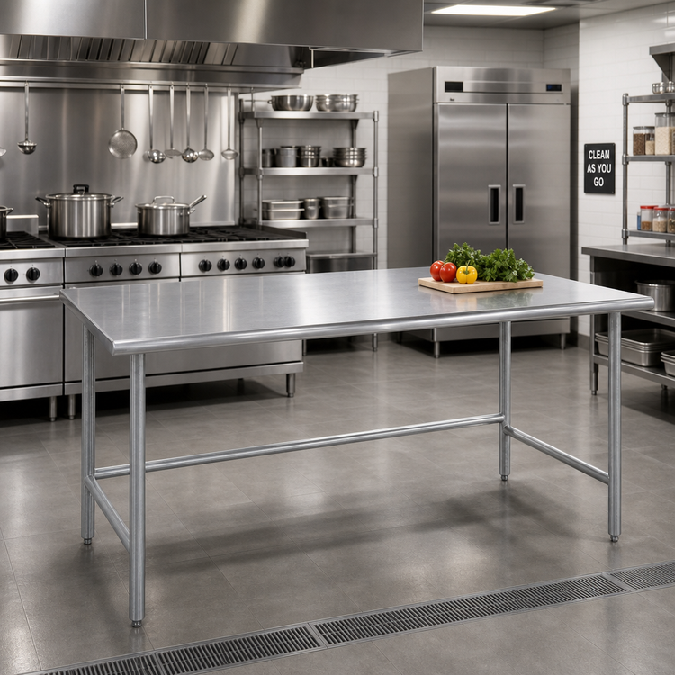 Product image #2 for Advance Tabco 120" x 48" Flat Top Stainless Steel Work Table with Galvanized Open Base, 14-Gauge 304 Top