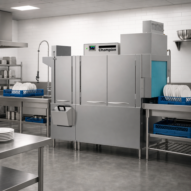 Product image #1 for Champion Pro Series 66-Inch High Temp Conveyor Dishwasher with 44-Inch Single Tank and 22-Inch Prewash