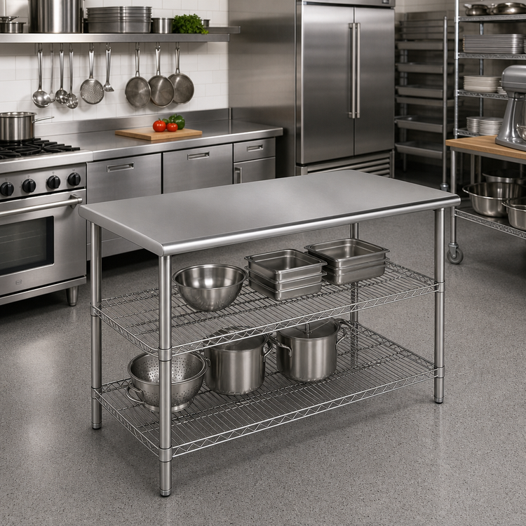 Product image #2 for Eagle AdjusTable 60" x 24" 16-Gauge Type 304 Basic Stainless Steel Work Surface System with 2 Adjustable Wire Undershelves