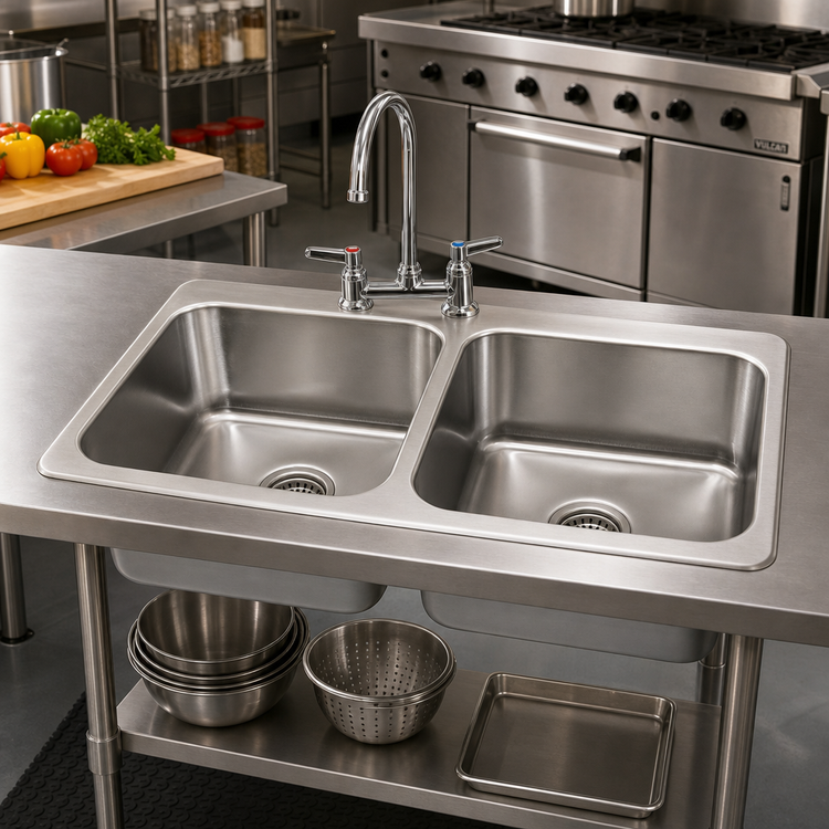 Product image #2 for BK Resources Two-Compartment Drop-In Sink with Faucet and Basket Drains, 45-1/4" x 21" x 12"