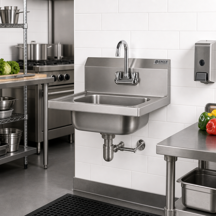 Product image #2 for Eagle Group HSA-10-FO Wall-Mounted 304 Stainless Steel Hand Sink with 14 x 10 x 5 Inch Bowl, Gooseneck Faucet, and Overflow Drain