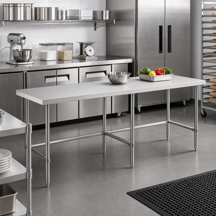 Product image #2 for Sapphire 84-Inch x 14-Inch 18 Gauge 430 Stainless Steel Flat Top Work Table with Stainless Steel Legs
