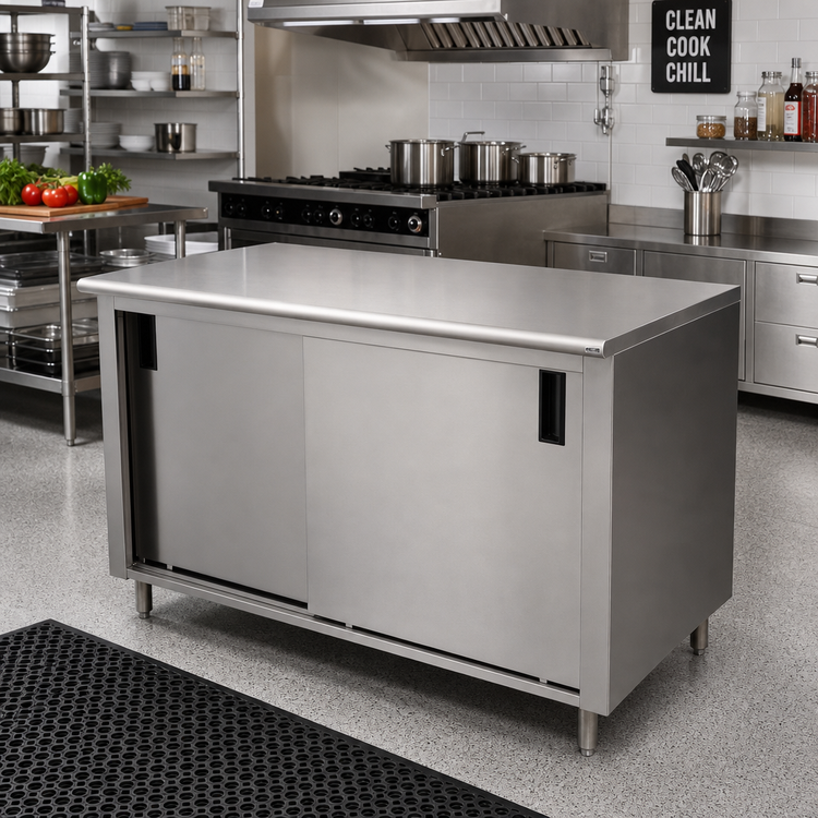 Product image #2 for Advance Tabco Enclosed Work Table with Cabinet Base and Sliding Doors, 84 x 30 Inches, 14-Gauge 304 Stainless Steel Top