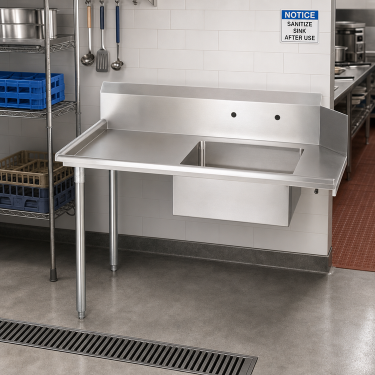 Product image #2 for BK Resources 72-Inch Straight Soiled Dishtable with Left-Hand Sink, 10-Inch Backsplash, 304 Stainless Steel Top, and Galvanized Legs