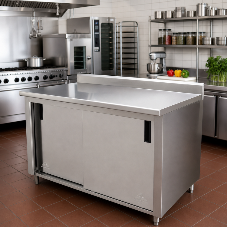 Product image #2 for Advance Tabco 84" x 36" Enclosed Work Table with Sliding Door Cabinet Base, 14 Gauge 304 Stainless Steel Top, 1-1/2" Rear Up-Turn