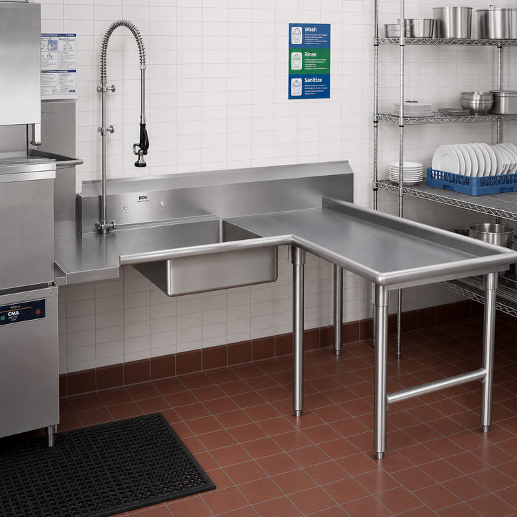 Product image #2 for John Boos Pro-Bowl L-Shaped Soiled Dishtable with Pre-Rinse Sink, 60-Inch Machine-to-Corner x 72-Inch Corner-to-End, Right-to-Left